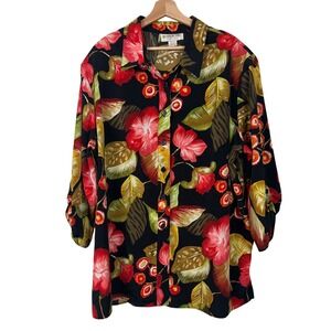 Brownstone Studio New York Womens 3X Black Floral Print Button Up Blouse Top